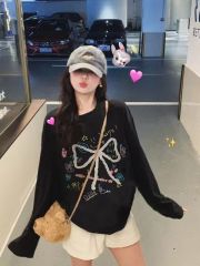 2024 new Korean bow print thin long-sleeved T-shirt women's loose black bottoming shirt early autumn top ins