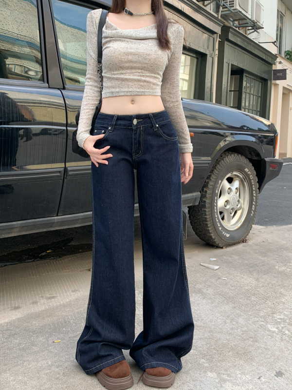 Retro dark blue bootcut jeans for women in fall, low-waisted, loose, non-leg-fitting, straight-leg floor-length mopping pants