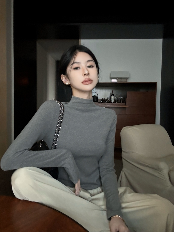 Micro high collar brushed bottoming shirt for autumn and winter with solid color slim fit top and T-shirt for women