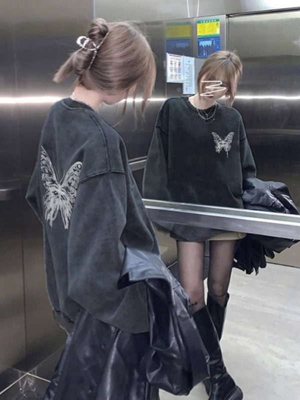 Pure cotton composite milk silk 330g washed black distressed round neck sweatshirt