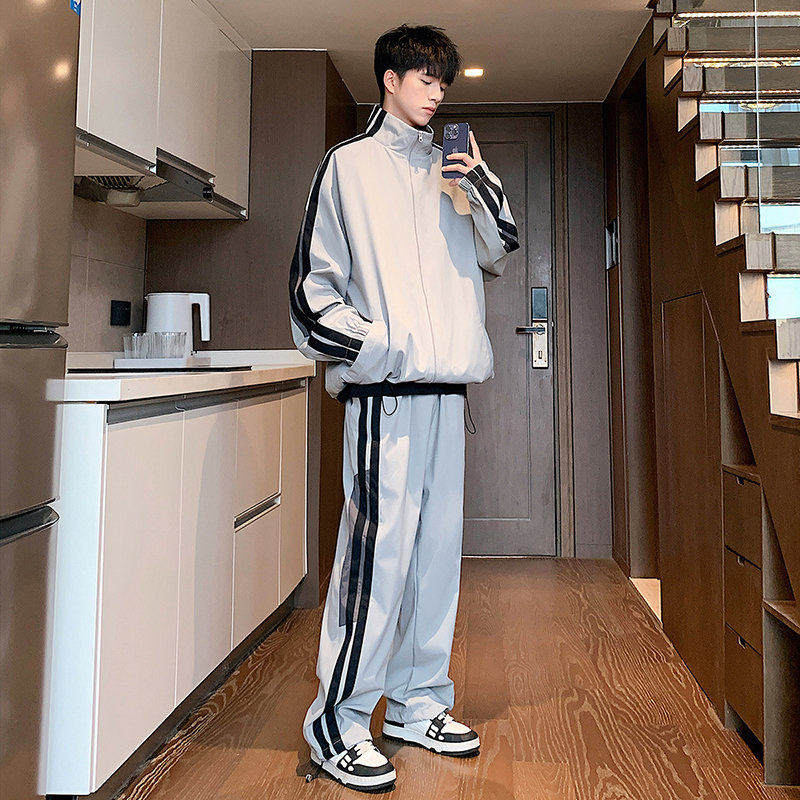 Hong Kong style youth sports loose spliced ​​long-sleeved jacket and casual pants suit