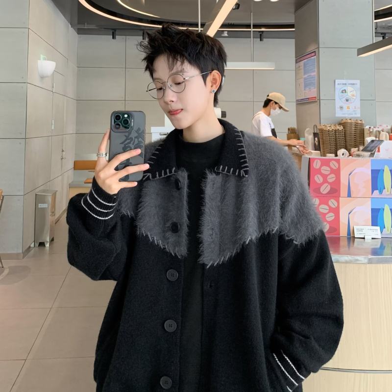 Contrast color splicing knitted cardigan jacket for boys, trendy casual loose sweater jacket for women, high-end fashion