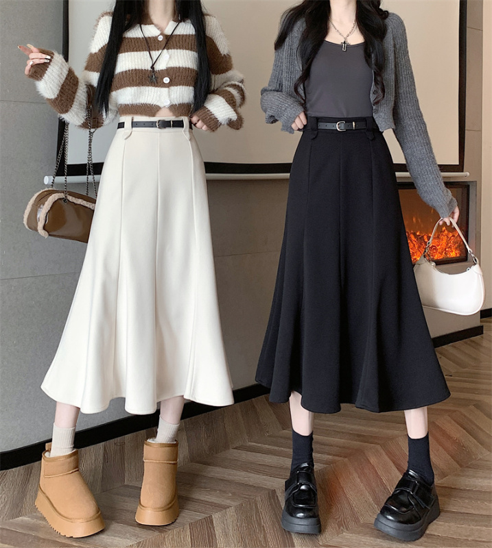 Actual shot and real price Korean style woolen high-waist slimming slit mid-length skirt versatile A-line skirt comes with a belt