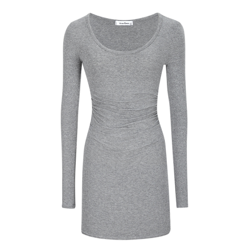Pure sexy sexy round neck tight-fitting slim pleated long-sleeved bottoming dress with hip-hugging short skirt
