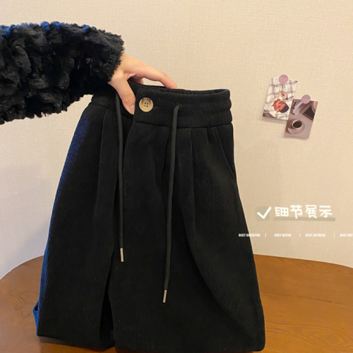 Women's Winter Korean Style High Waisted Slim Drawstring Granny Pants with Velvet and Thickening, Versatile Straight Leg Casual Pants