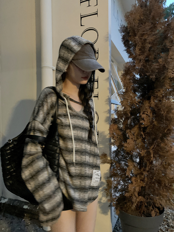 New casual hooded striped knitted loose slimming top