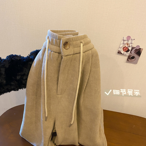 Women's Winter Korean Style High Waisted Slim Drawstring Granny Pants with Velvet and Thickening, Versatile Straight Leg Casual Pants