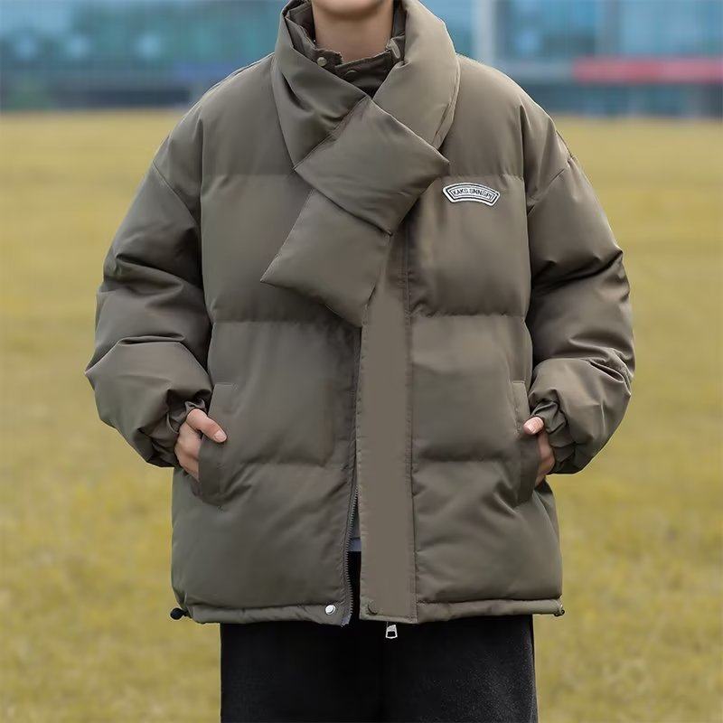 American niche neck scarf design cotton coat for men in winter, loose and thickened Korean style bread coat, warm stand-up collar cotton coat