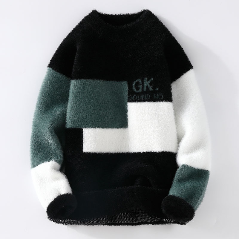 Autumn and winter new men's trendy student men's knitted pullover plus velvet thickened striped letter versatile top
