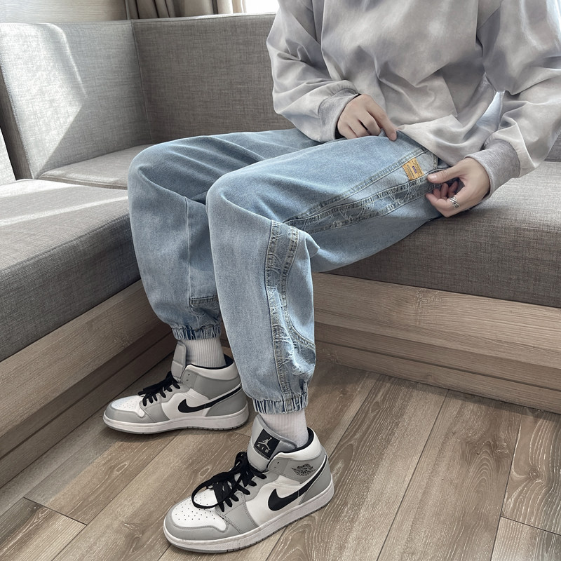 Leg-tie jeans for men spring and summer ins dark blue teen loose harem