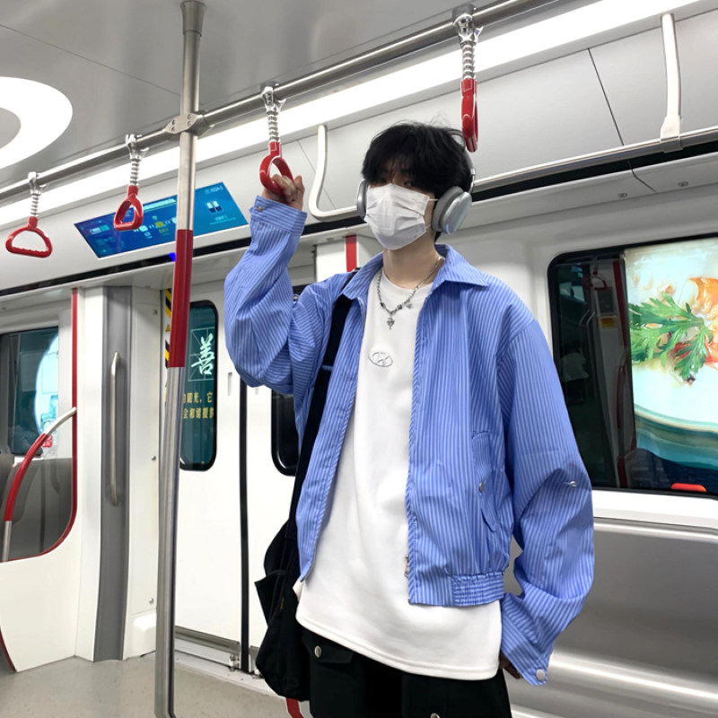 Korean style striped shoulder padded jacket, spring and autumn trendy brand handsome blue short jacket, Japanese style loose shirt