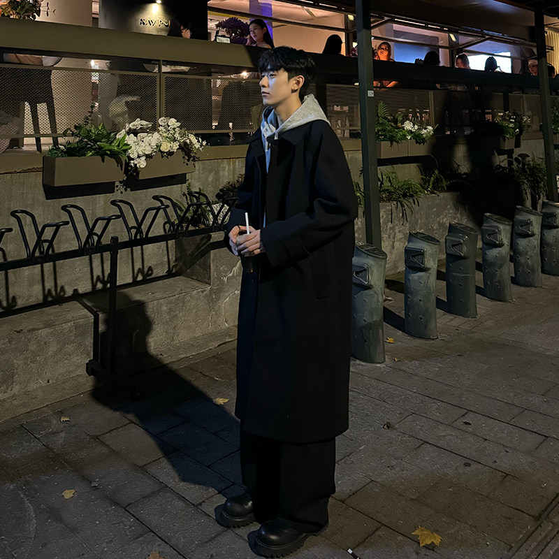 ~Korean mid-length woolen coat cleanfit over-the-knee lengthened windbreaker jacket