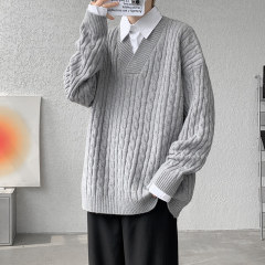 Fake two-piece shirt collar sweater for men in autumn and winter, loose and lazy Korean style twist knitted sweater jacket