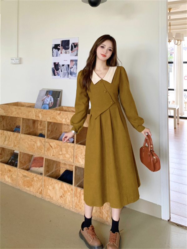 New French Platycodon fake two-piece dress for women 2024 autumn irregular black long-sleeved waist skirt