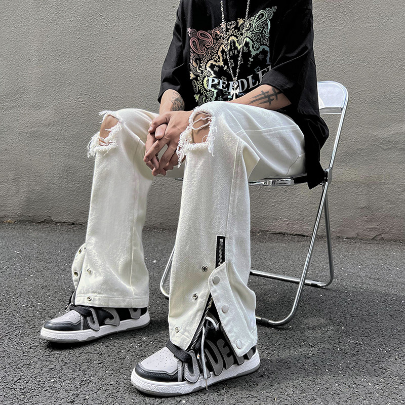 New American high street loose zippered buttoned ripped large size casual nine-minute trousers item number