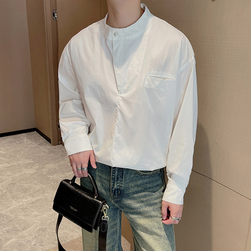 Autumn new design simple internet celebrity pullover stand collar long-sleeved shirt neutral style handsome shirt