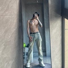 American high street retro yellow mud-dyed ripped zipper slit jeans slightly flared raw edge pants