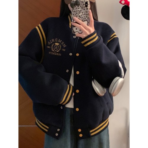 American college style contrasting color jacket for women autumn and winter new style navy blue loose quilted baseball jacket trendy