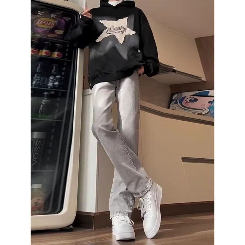 New cement gray stretch jeans for men, spring and summer slim straight leg washed mud color
