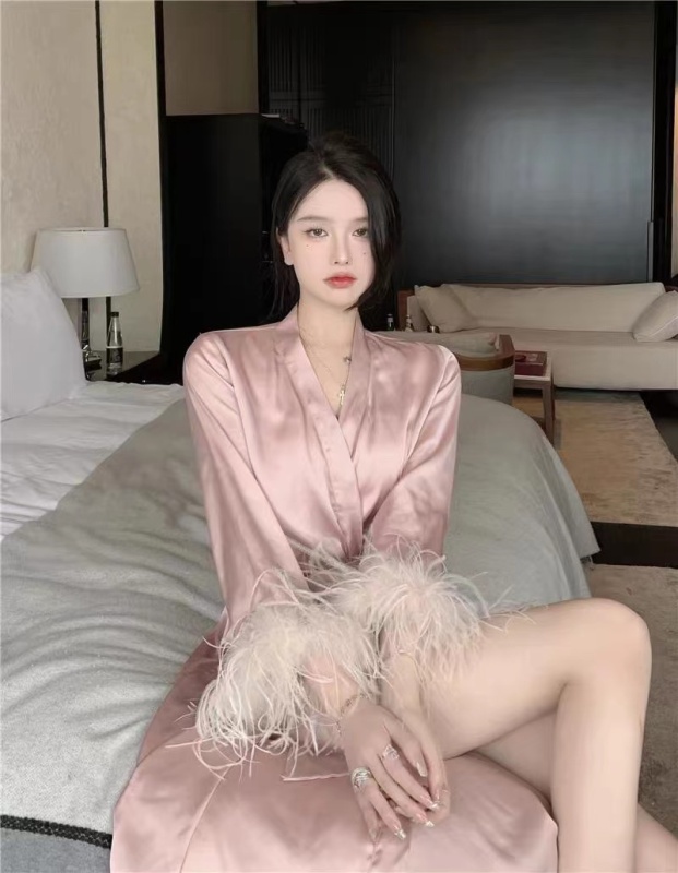 2024 New Pure Desire Sexy Pajama Set Women's Autumn and Winter Pajamas Mid-Length Long Sleeve Bathrobe Home Clothing