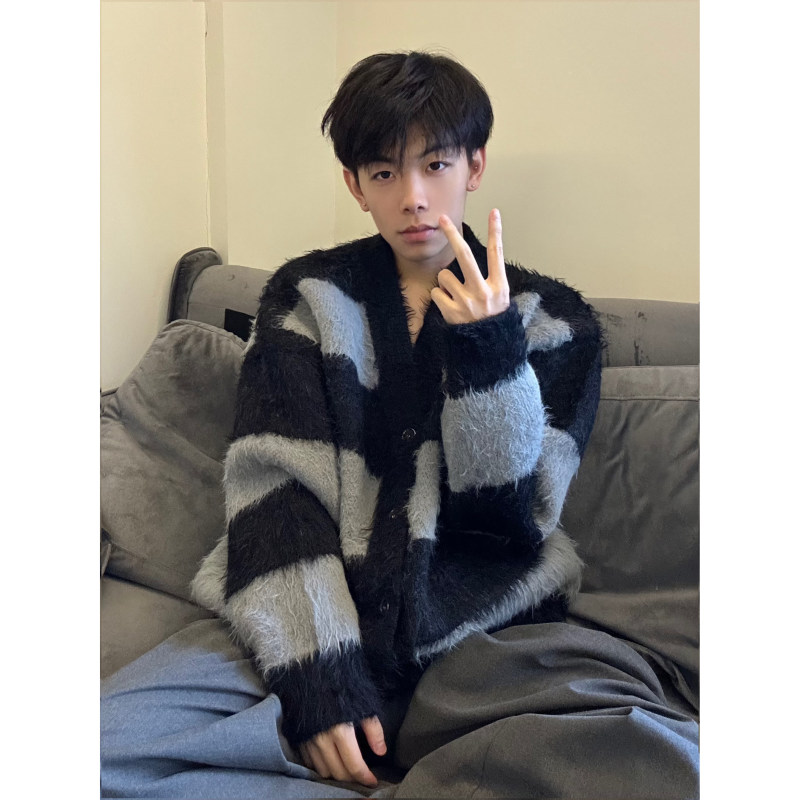 Mink black and white striped sweater loose knitted sweater simple