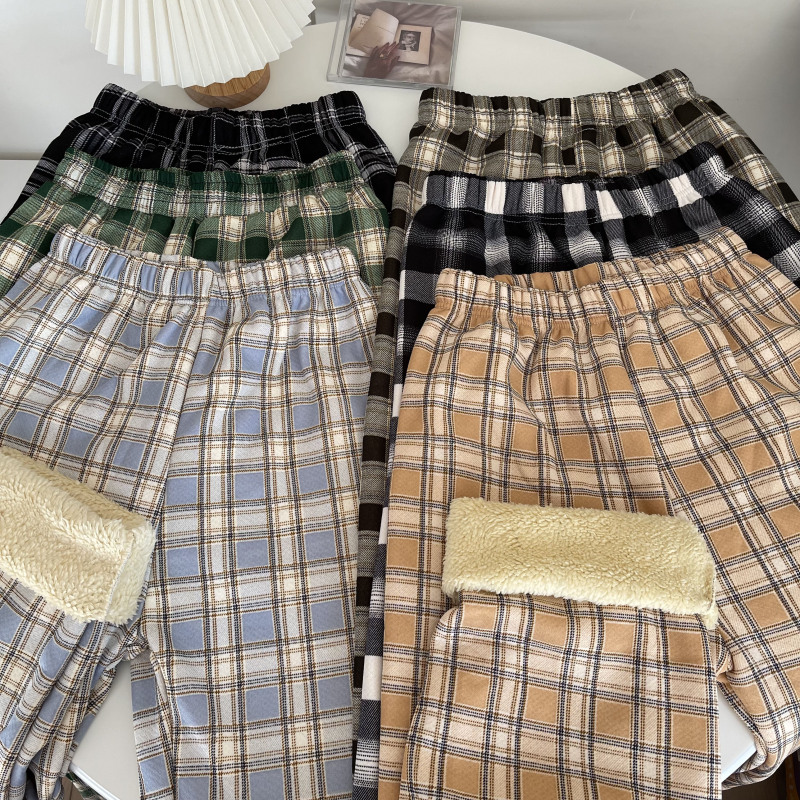 Velvet and thickened warm home warm pants plaid imitation sherpa petite wide-leg straight pants