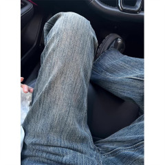 American high street washed distressed slub pattern straight-leg bootcut jeans