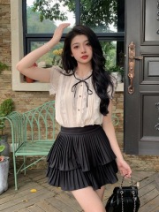 Real shot of French style lace-up bow sleeveless shirt with ruffled chiffon top for women