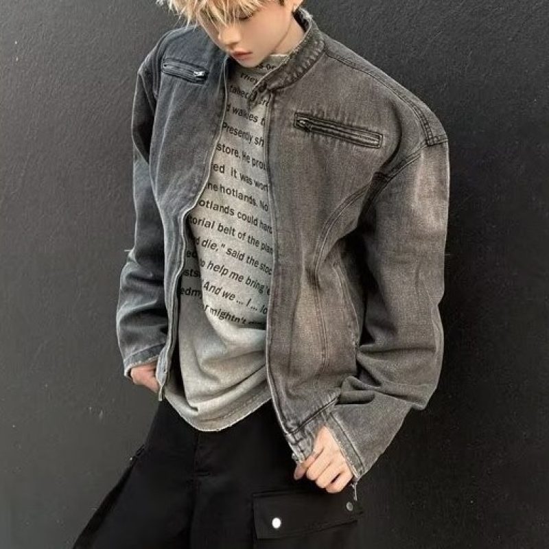 Wasteland style washed old soot deconstructed denim jacket men's loose handsome jacket
