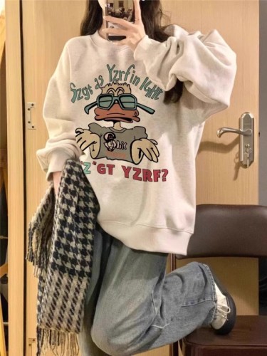 Round neck sweatshirt for women petite American retro lazy style loose hooded long-sleeved top