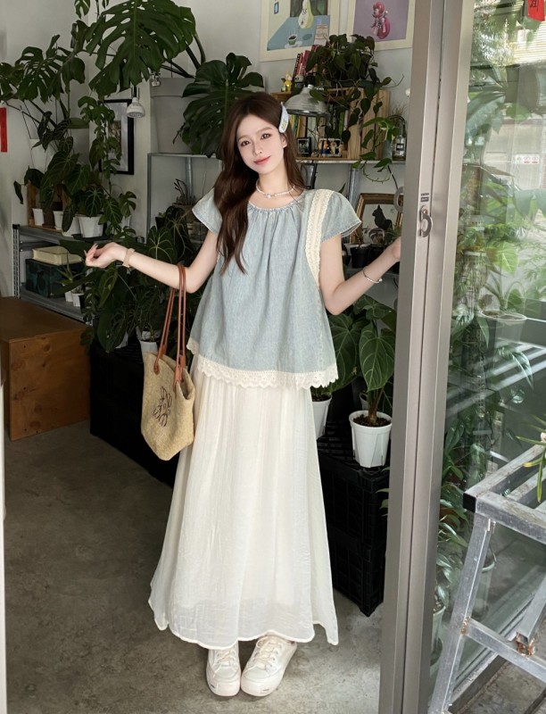 Real shot and real price ~ Retro niche lace splicing short-sleeved denim shirt for women summer + casual loose versatile pants and skirt