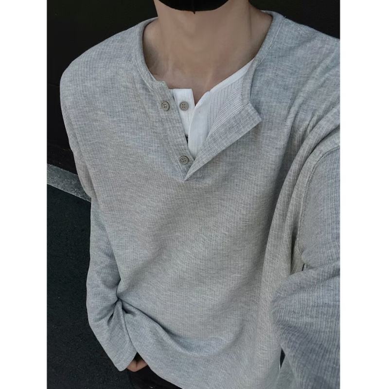 Fake two-piece Henry collar long-sleeved T-shirt men's spring and autumn heavyweight inner layering shirt loose top