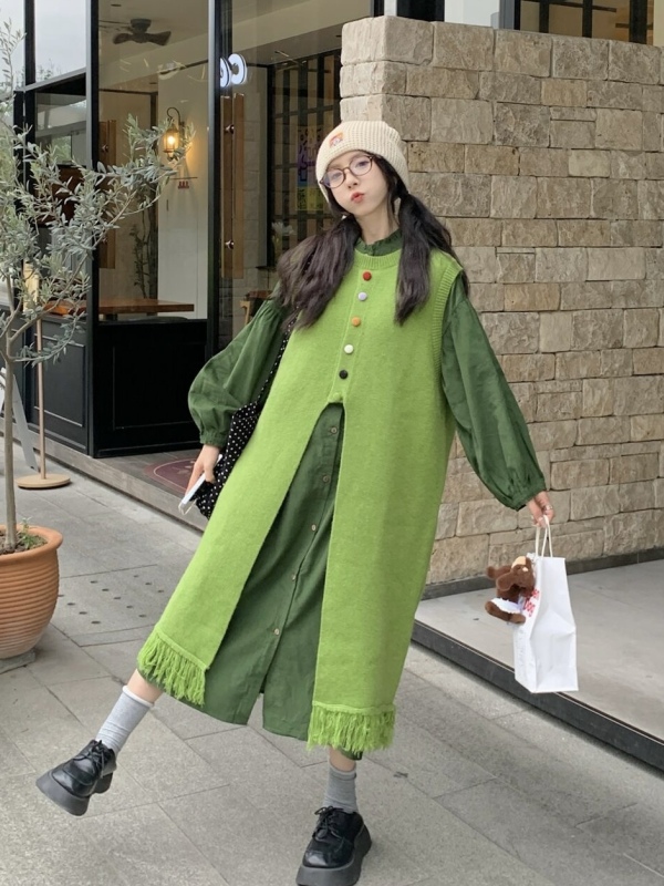 Tassel vest knitted dress + fungus long dress
