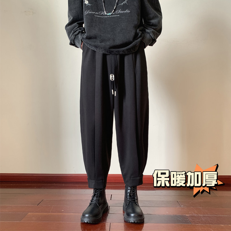 Wooden floor new winter thickened harem loose large size woolen material button leg casual pants for men