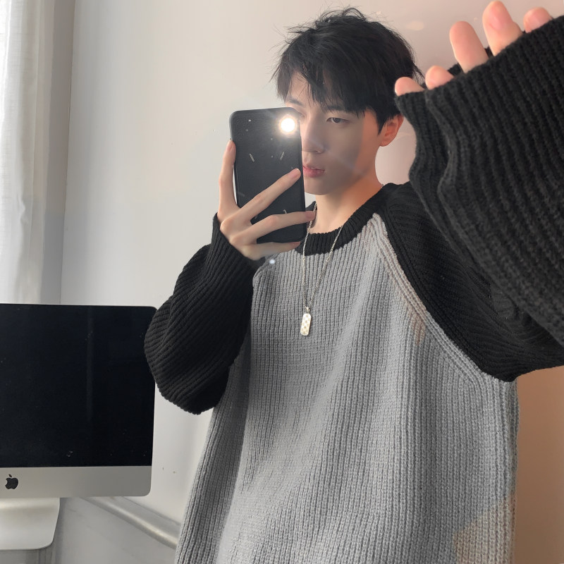 Autumn new Hong Kong style vibe trendy brand contrasting color pullover round neck knitted wool