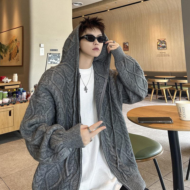 Thickened lazy style casual couple sweater men's and women's coat hooded cardigan sweater belt
