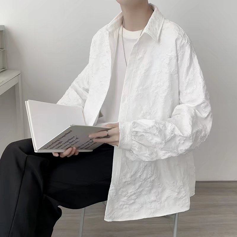 Silk satin shirt men's long sleeve spring and autumn embossed trendy loose solid color shirt trendy