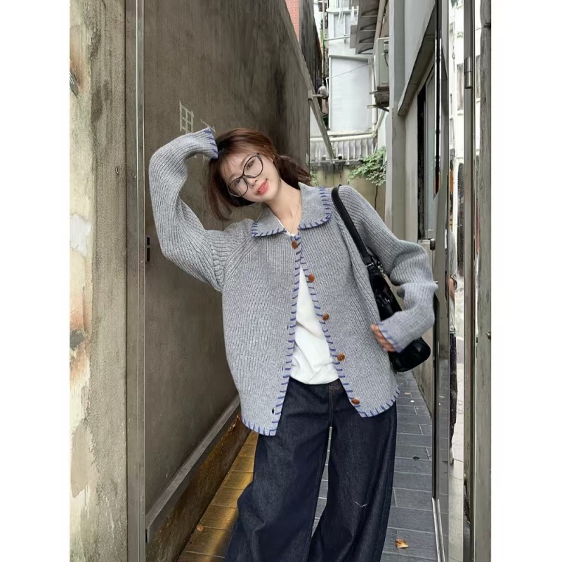 Sheep velvet design contrasting lapel sweater jacket autumn and winter Korean style lazy loose knitted cardigan outer top