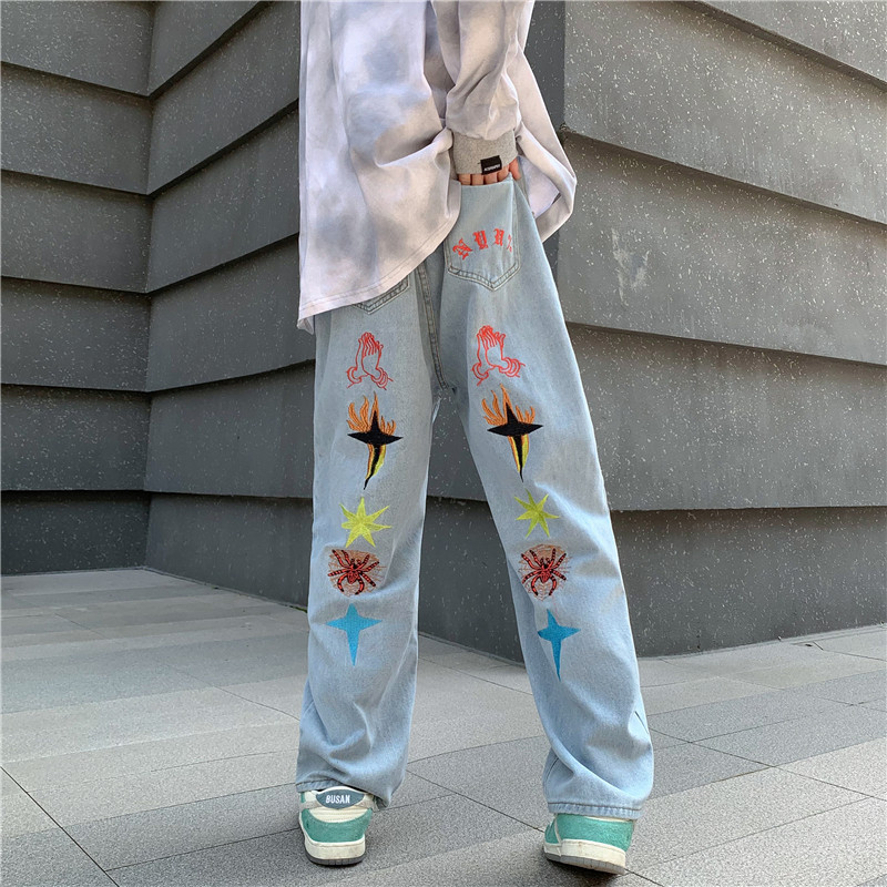 Washed personalized embroidered jeans men's street hip-hop loose casual trousers trendy