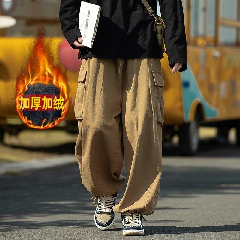 Velvet thickened casual pants for men, loose overalls, new trendy versatile pants for men with leg binding