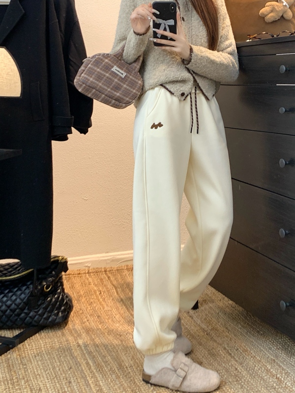 2024 winter new style plus velvet and thickened puppy embroidery loose leg-tie wide-leg sweatpants for women