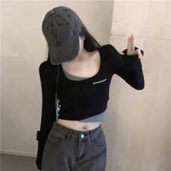 Fake two-piece black T-shirt for women autumn design long-sleeved bottoming shirt 2024 new short top