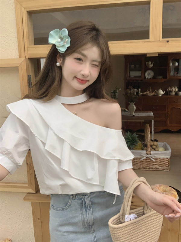 Careful off-shoulder halter neck shirt women's summer French ruffle blouse chic and beautiful blue short-sleeved top