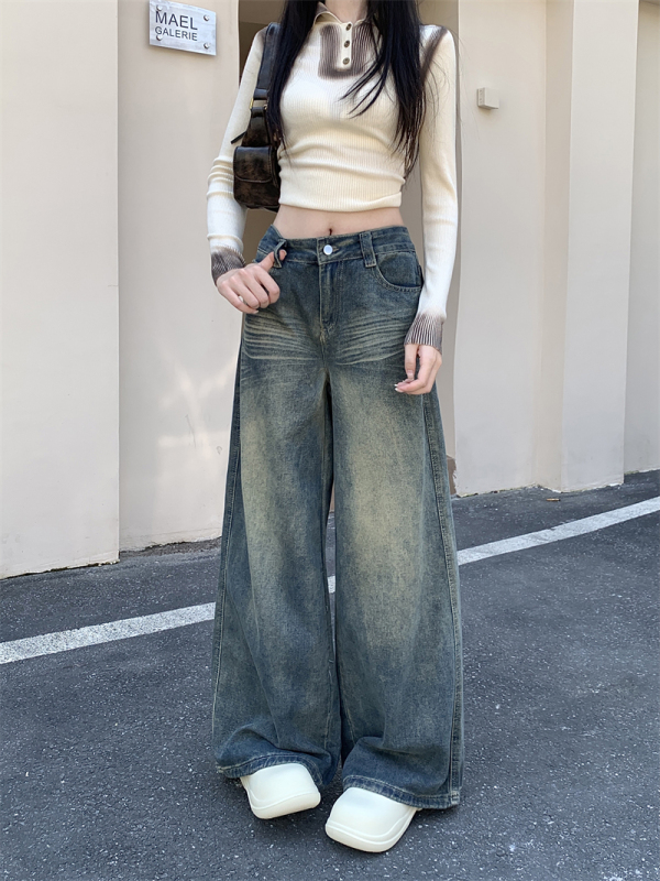 American Retro Straight Jeans Women's High Waisted Wide Leg Pants Floor-Mopping Pants Early Autumn Washed Distressed Pants