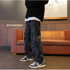 Light-colored jeans men's spring and summer handsome casual straight pants Hong Kong style street print floor-length trousers