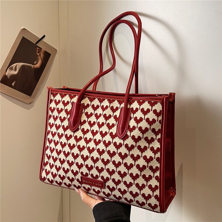 Red Houndstooth Tote Bag Women's New Fashion Popular Versatile Commuting Shoulder Bag Bridal Wedding Bag