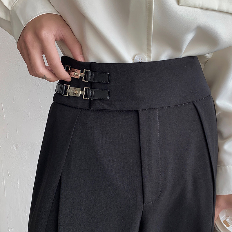 100 polyester belt metal buckle design suit trousers men's high-end casual wide-leg pants