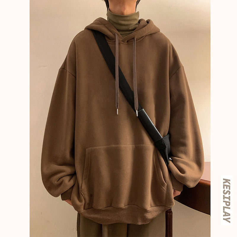 Not winter velvet solid color sweatshirt ins Hong Kong style men's loose hooded pullover sweatshirt