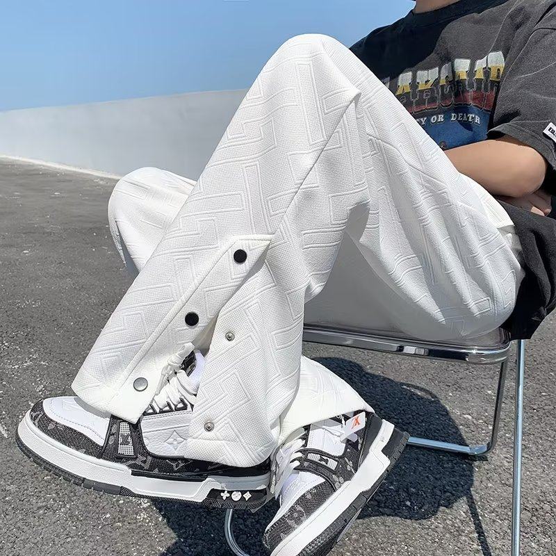Men's casual pants, buttoned-up men's casual pants, literary summer trousers, trendy youth popular straight sports pants