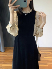 French socialite small fragrant style velvet dress autumn and winter plus size fat sister mm belly-covering slimming lace splicing long skirt